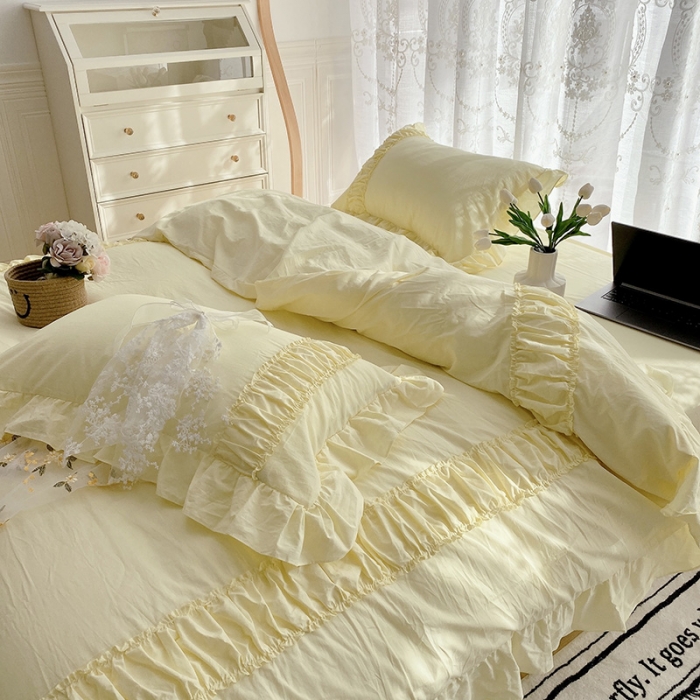 91家纺网 家纺一手货源 找家纺 玛奇朵新款40s全棉水洗棉花边四件套-恬蜜系列实拍图恬蜜-黄
