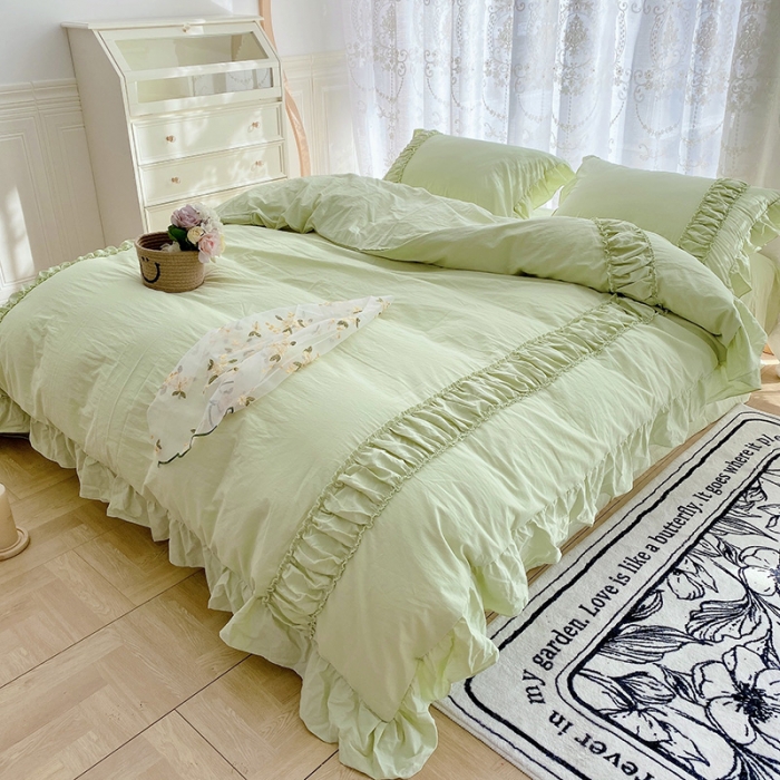 91家纺网 家纺一手货源 找家纺 玛奇朵新款40s全棉水洗棉花边四件套-恬蜜系列实拍图恬蜜-绿