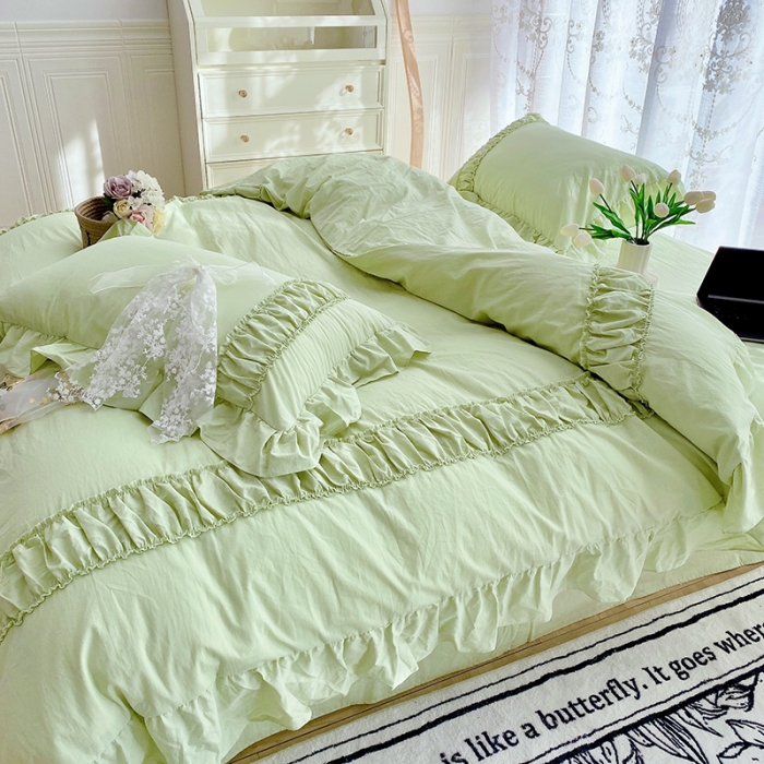 91家纺网 家纺一手货源 找家纺 玛奇朵新款40s全棉水洗棉花边四件套-恬蜜系列实拍图恬蜜-绿