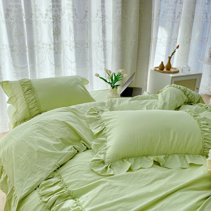 91家纺网 家纺一手货源 找家纺 玛奇朵新款40s全棉水洗棉花边四件套-恬蜜系列实拍图恬蜜-绿