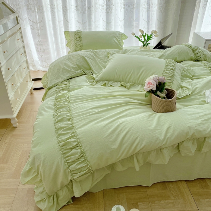 91家纺网 家纺一手货源 找家纺 玛奇朵新款40s全棉水洗棉花边四件套-恬蜜系列实拍图恬蜜-绿