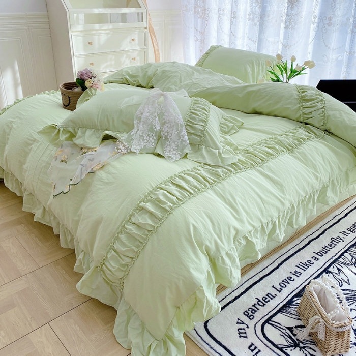91家纺网 家纺一手货源 找家纺 玛奇朵新款40s全棉水洗棉花边四件套-恬蜜系列实拍图恬蜜-绿