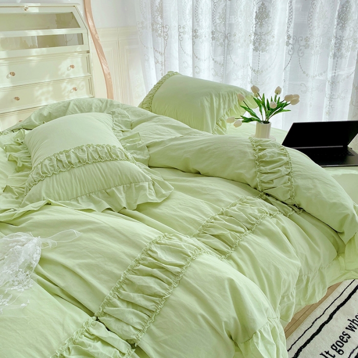 91家纺网 家纺一手货源 找家纺 玛奇朵新款40s全棉水洗棉花边四件套-恬蜜系列实拍图恬蜜-绿
