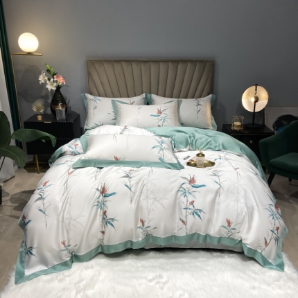 91家纺网 家纺一手货源 找家纺 朵美2022新款60天丝数码印花四件套 小叶之恋