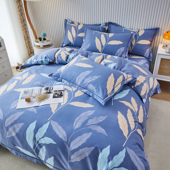 91家纺网 家纺一手货源 找家纺 杜先生 2023新款全棉加厚喷气活性磨毛系列四件套 叶叶相随-蓝