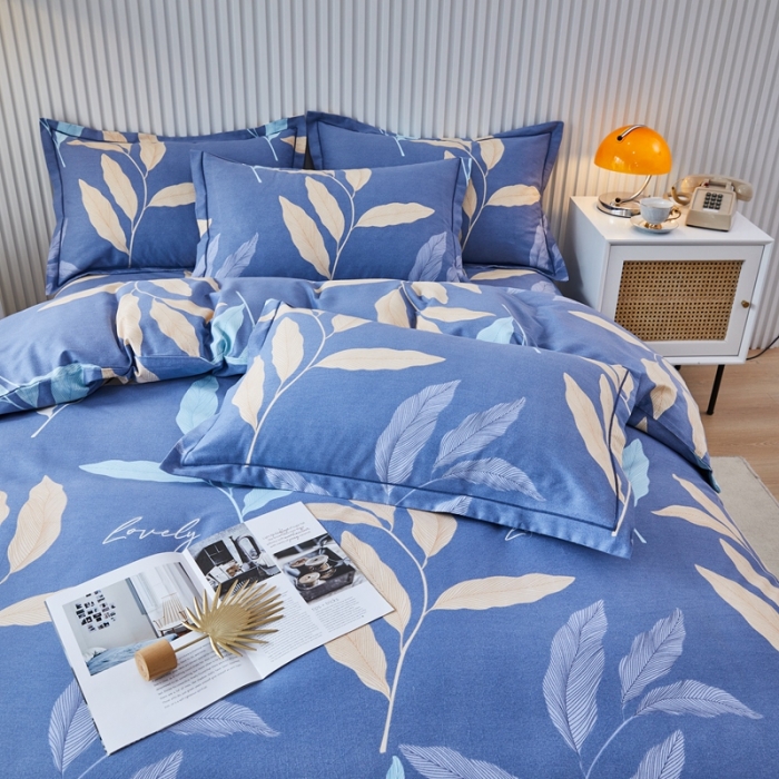 91家纺网 家纺一手货源 找家纺 杜先生 2023新款全棉加厚喷气活性磨毛系列四件套 叶叶相随-蓝