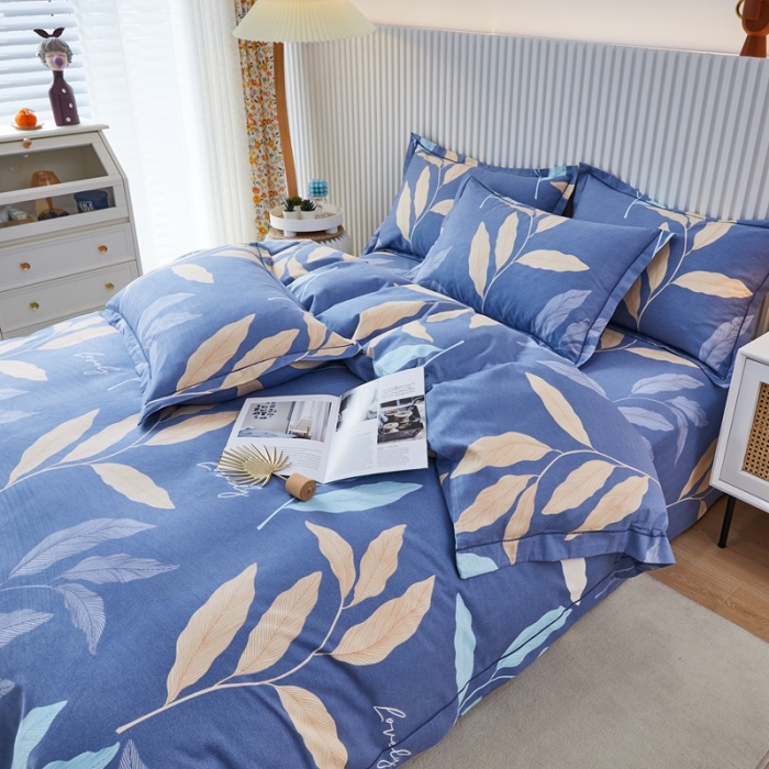 91家纺网 家纺一手货源 找家纺 杜先生 2023新款全棉加厚喷气活性磨毛系列四件套 叶叶相随-蓝