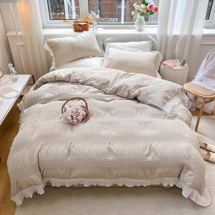 91家纺网 家纺一手货源 找家纺 仟网汇 2022新款雪纺花边泡泡纱四件套 米色