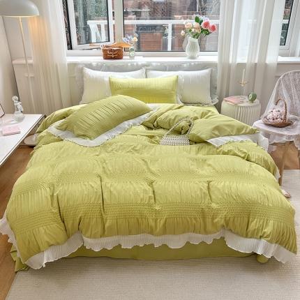 91家纺网 家纺一手货源 找家纺 仟网汇 2022新款雪纺花边泡泡纱四件套 牛油果绿