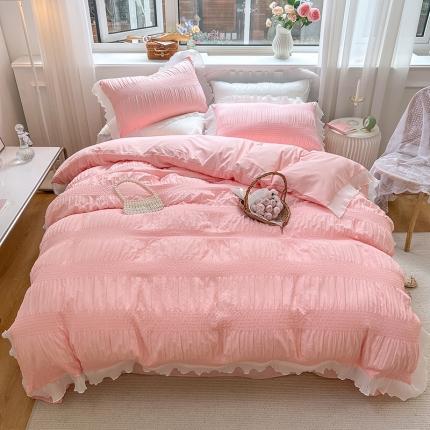 91家纺网 家纺一手货源 找家纺 仟网汇 2022新款雪纺花边泡泡纱四件套 玉粉色