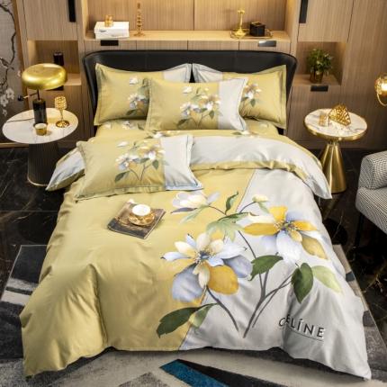 91家纺网 家纺一手货源 找家纺 雲归梦 2022新款全棉大版四件套 花卉花型 夏薇尔黄