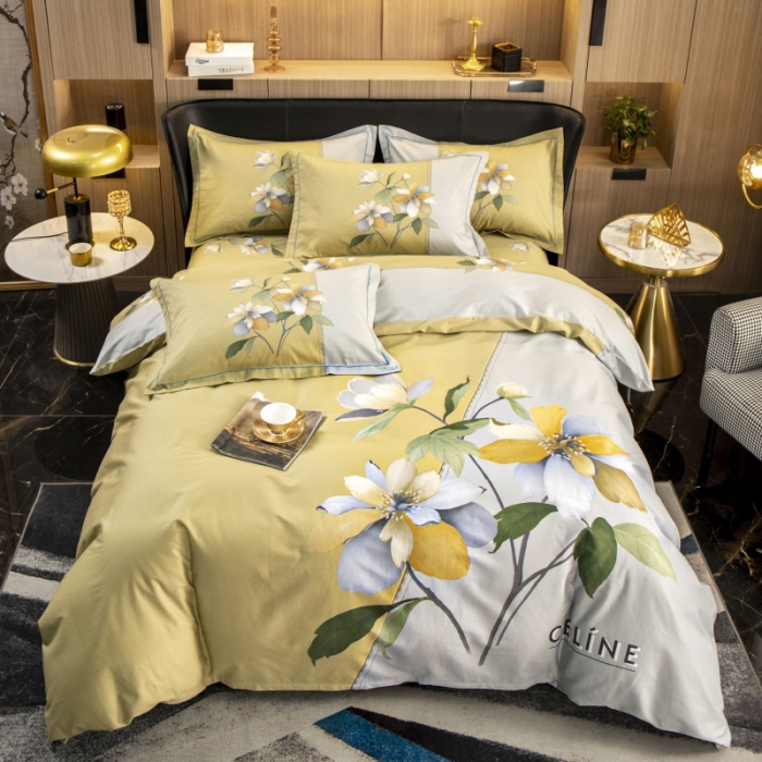91家纺网 家纺一手货源 找家纺 雲归梦 2022新款全棉大版四件套 花卉花型 夏薇尔黄