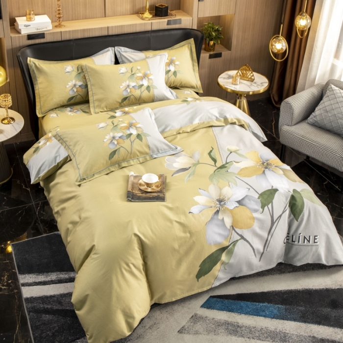 91家纺网 家纺一手货源 找家纺 雲归梦 2022新款全棉大版四件套 花卉花型 夏薇尔黄