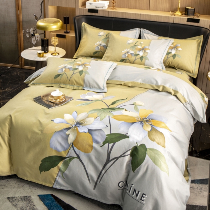 91家纺网 家纺一手货源 找家纺 雲归梦 2022新款全棉大版四件套 花卉花型 夏薇尔黄