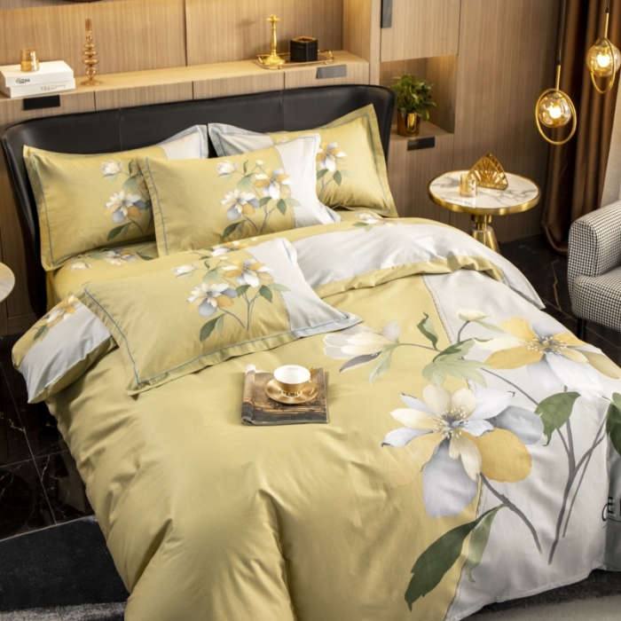 91家纺网 家纺一手货源 找家纺 雲归梦 2022新款全棉大版四件套 花卉花型 夏薇尔黄