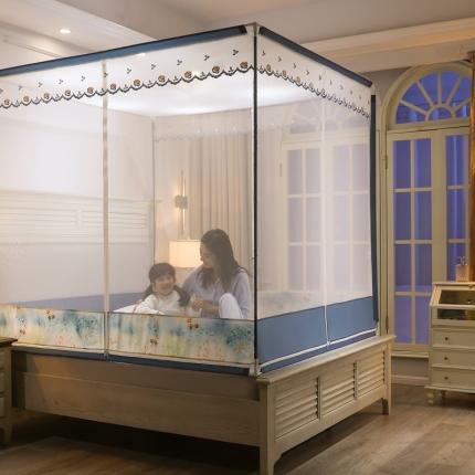 91家纺网 家纺一手货源 找家纺 梦尔佳蚊帐2022新款T门外穿杆坐床蚊帐 满天星-蓝灰