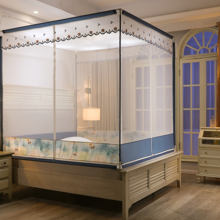 91家纺网 家纺一手货源 找家纺 梦尔佳蚊帐2022新款T门外穿杆坐床蚊帐 满天星-蓝灰