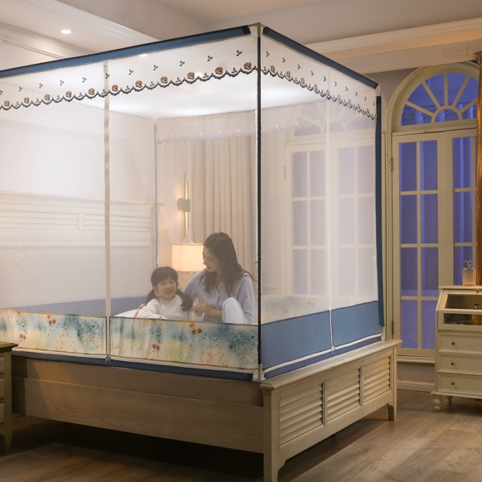 91家纺网 家纺一手货源 找家纺 梦尔佳蚊帐2022新款T门外穿杆坐床蚊帐 满天星-蓝灰