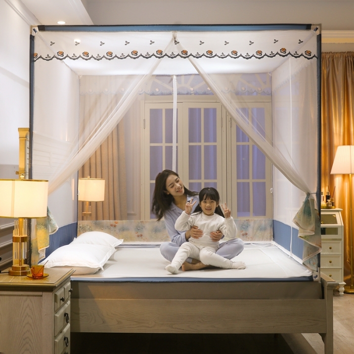 91家纺网 家纺一手货源 找家纺 梦尔佳蚊帐2022新款T门外穿杆坐床蚊帐 满天星-蓝灰