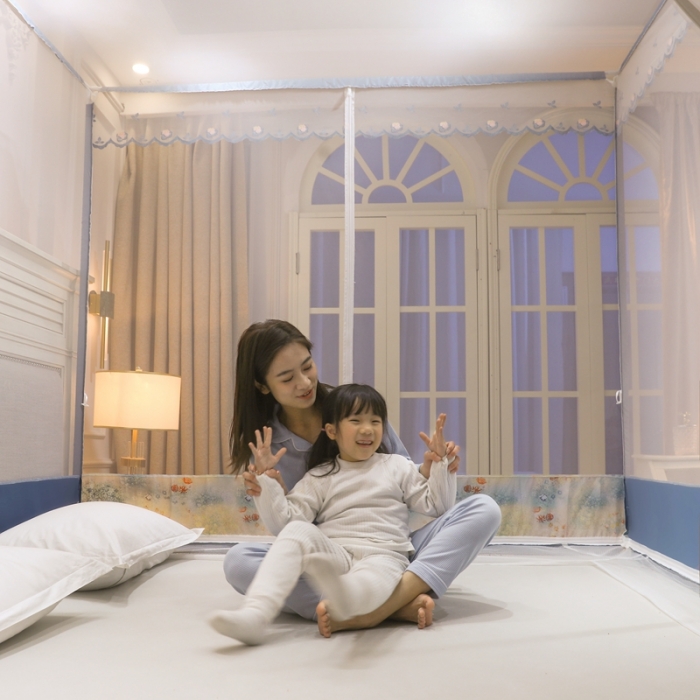 91家纺网 家纺一手货源 找家纺 梦尔佳蚊帐2022新款T门外穿杆坐床蚊帐 满天星-蓝灰