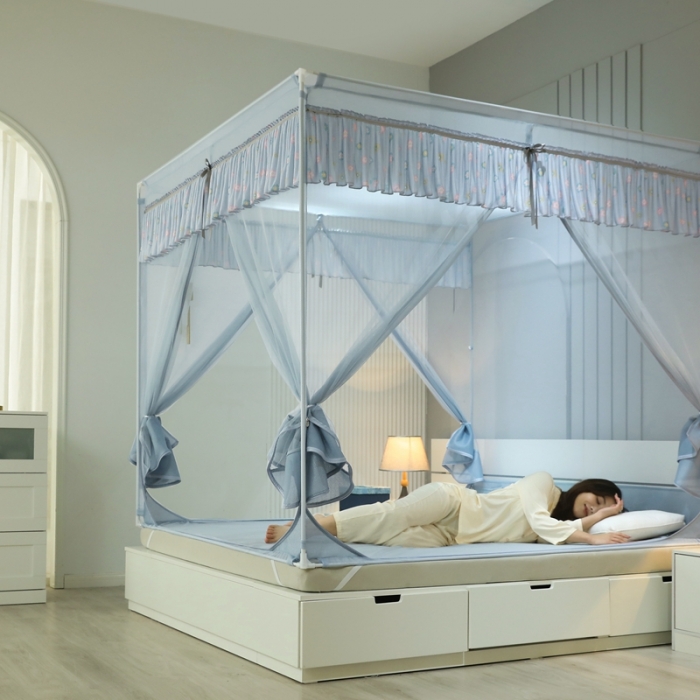 91家纺网 家纺一手货源 找家纺 梦尔佳蚊帐2022新款甜蜜花园外穿蚊帐 蓝灰