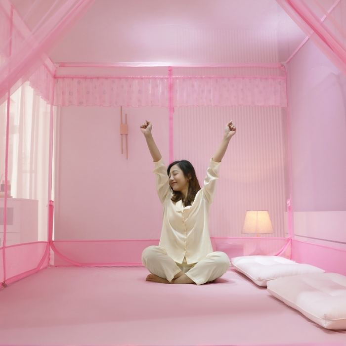 91家纺网 家纺一手货源 找家纺 梦尔佳蚊帐2022新款甜蜜花园外穿蚊帐 嫩粉