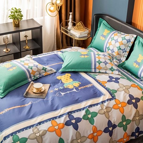 91家纺网 家纺一手货源 找家纺 雲归梦 2022新款全棉大版四件套 格子花型 绅士熊-绿