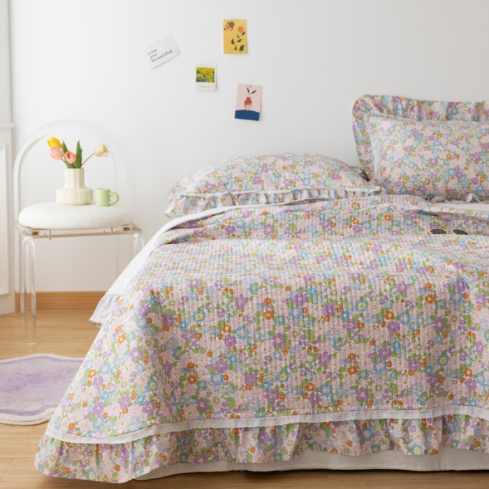 91家纺网 家纺一手货源 找家纺 淑女公社家纺 2022新款纯棉13372韩版镂空小花边床盖 姹紫嫣红