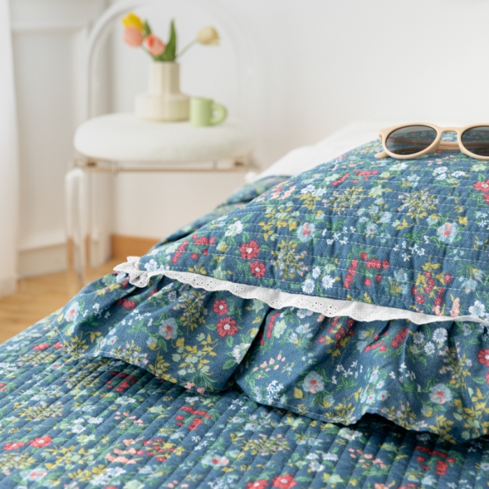 91家纺网 家纺一手货源 找家纺 淑女公社家纺 2022新款纯棉13372韩版镂空小花边床盖 绿肥红瘦