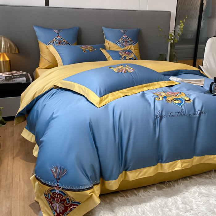 91家纺网 家纺一手货源 找家纺 铭动 2023新款100支长绒棉四件套 共舞-宾利蓝