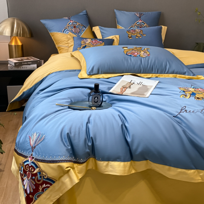 91家纺网 家纺一手货源 找家纺 铭动 2023新款100支长绒棉四件套 共舞-宾利蓝