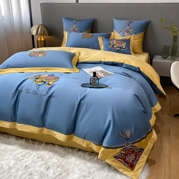 91家纺网 家纺一手货源 找家纺 铭动 2023新款100支长绒棉四件套 共舞-宾利蓝