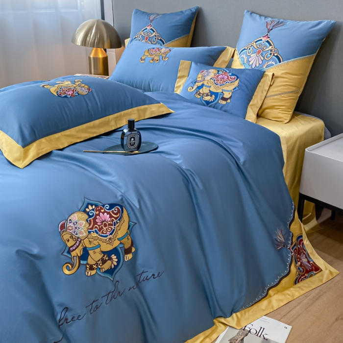 91家纺网 家纺一手货源 找家纺 铭动 2023新款100支长绒棉四件套 共舞-宾利蓝