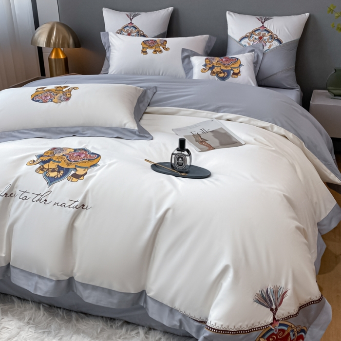 91家纺网 家纺一手货源 找家纺 铭动 2023新款100支长绒棉四件套 共舞-典雅白