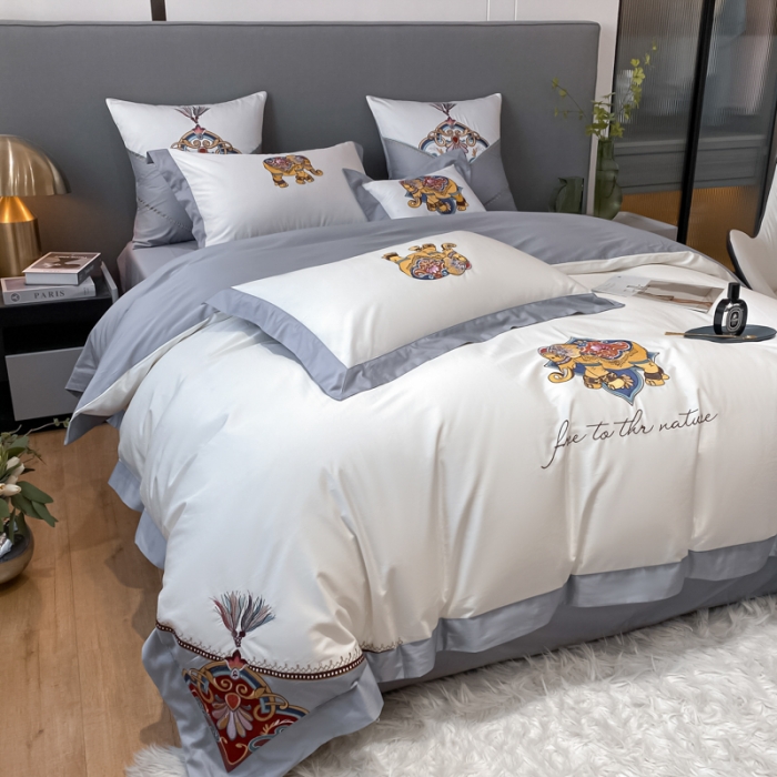 91家纺网 家纺一手货源 找家纺 铭动 2023新款100支长绒棉四件套 共舞-典雅白