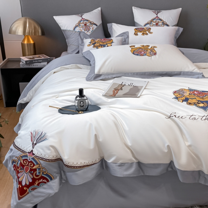 91家纺网 家纺一手货源 找家纺 铭动 2023新款100支长绒棉四件套 共舞-典雅白