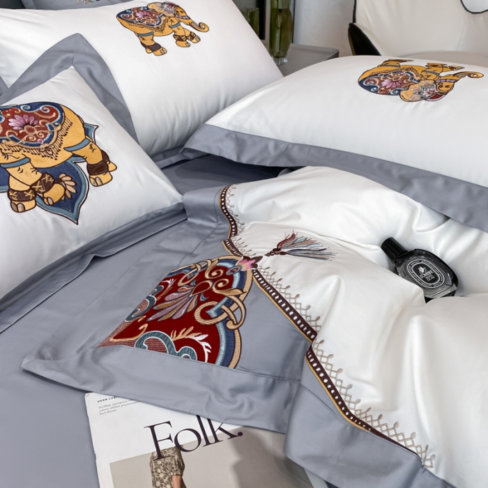 91家纺网 家纺一手货源 找家纺 铭动 2023新款100支长绒棉四件套 共舞-典雅白