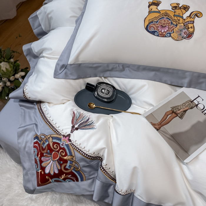 91家纺网 家纺一手货源 找家纺 铭动 2023新款100支长绒棉四件套 共舞-典雅白