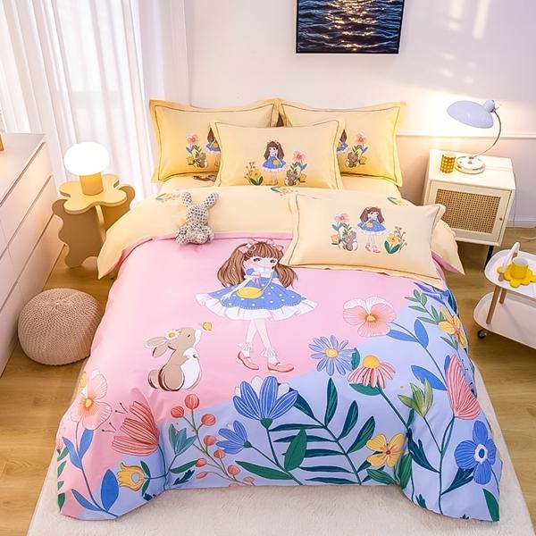 91家纺网 家纺一手货源 找家纺 雲归梦 2022新款全棉大版四件套 卡通花型 甜心少女