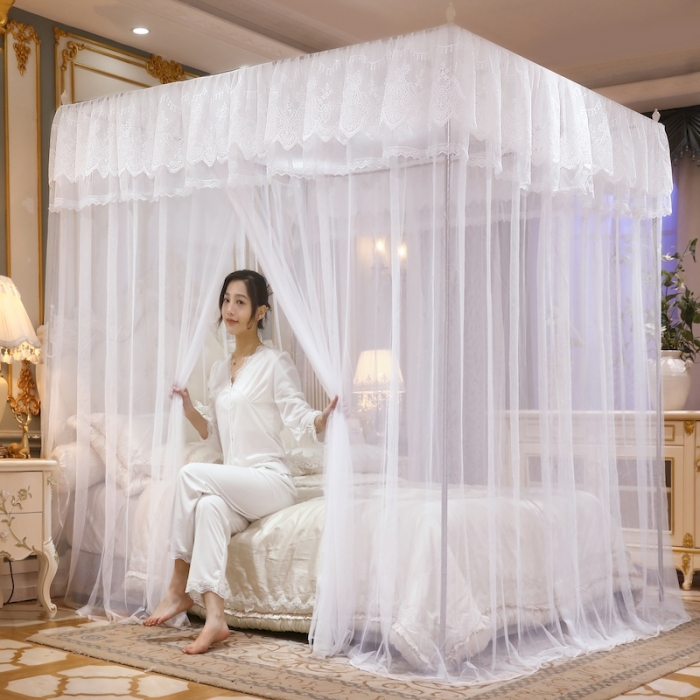 91家纺网 家纺一手货源 找家纺 初心家纺 2025新款升级款三开门宫廷蚊帐-春暖花开 白色