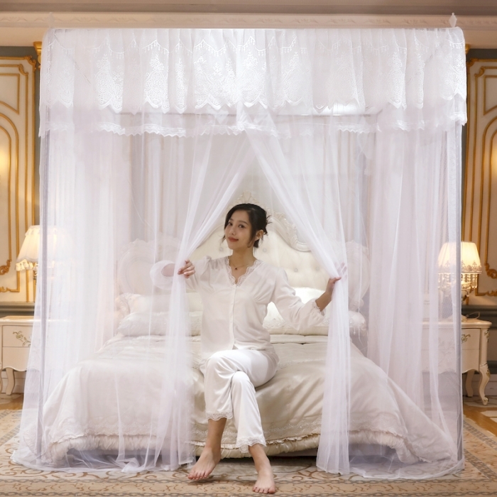 91家纺网 家纺一手货源 找家纺 初心家纺 2025新款升级款三开门宫廷蚊帐-春暖花开 白色