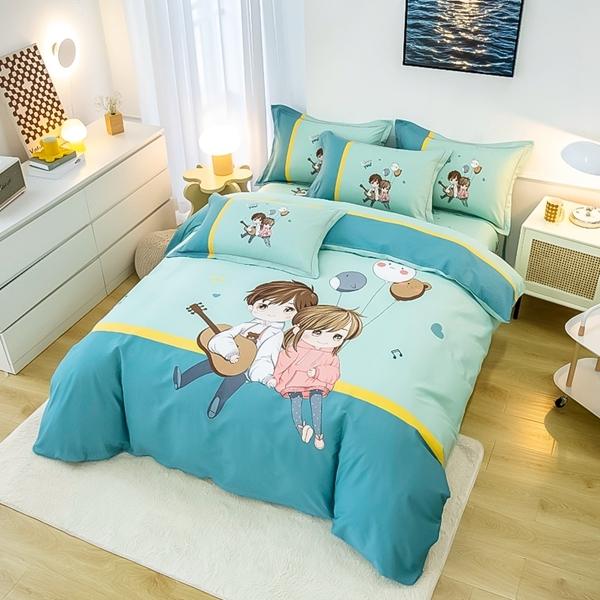 91家纺网 家纺一手货源 找家纺 雲归梦 2022新款全棉大版四件套 卡通花型 两小无猜-绿