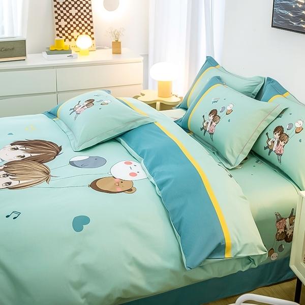 91家纺网 家纺一手货源 找家纺 雲归梦 2022新款全棉大版四件套 卡通花型 两小无猜-绿