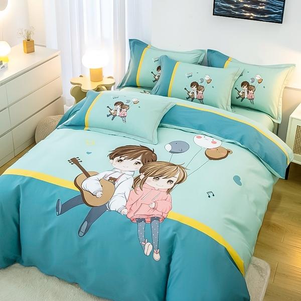 91家纺网 家纺一手货源 找家纺 雲归梦 2022新款全棉大版四件套 卡通花型 两小无猜-绿