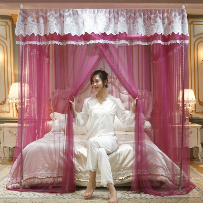 91家纺网 家纺一手货源 找家纺 初心家纺 2025新款升级款三开门宫廷蚊帐-春暖花开 红豆沙