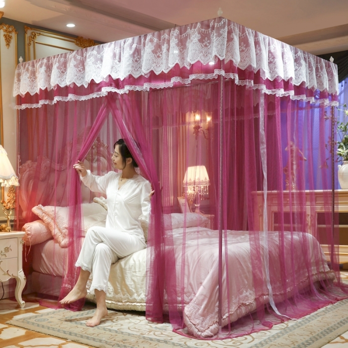 91家纺网 家纺一手货源 找家纺 初心家纺 2025新款升级款三开门宫廷蚊帐-春暖花开 红豆沙