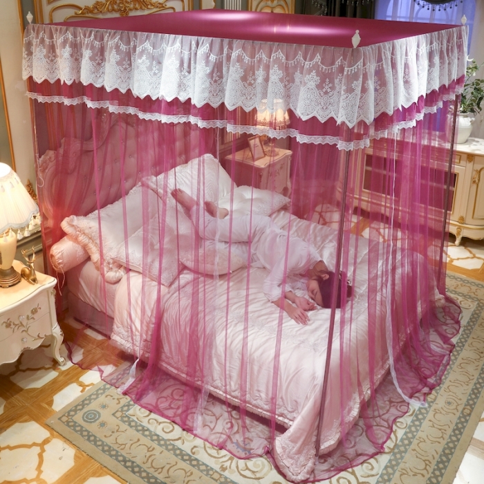 91家纺网 家纺一手货源 找家纺 初心家纺 2025新款升级款三开门宫廷蚊帐-春暖花开 红豆沙