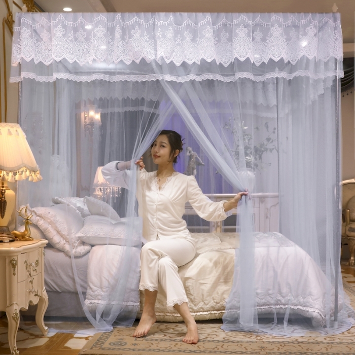91家纺网 家纺一手货源 找家纺 初心家纺 2025新款升级款三开门宫廷蚊帐-春暖花开 灰色