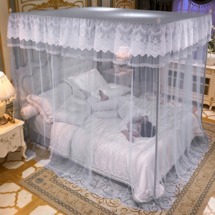 91家纺网 家纺一手货源 找家纺 初心家纺 2025新款升级款三开门宫廷蚊帐-春暖花开 灰色