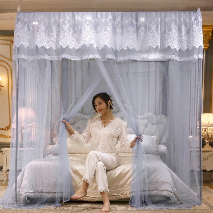 91家纺网 家纺一手货源 找家纺 初心家纺 2025新款升级款三开门宫廷蚊帐-春暖花开 灰色